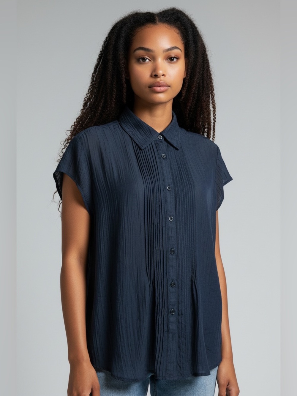 Coldwater Creek Navy Blouse Women’s M 10-12 Cap Sleeve Button Front Pleated